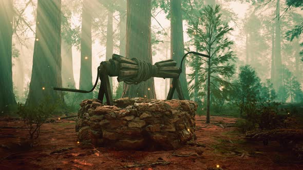 Old Stone Draw Well in the Forest with Fog alt