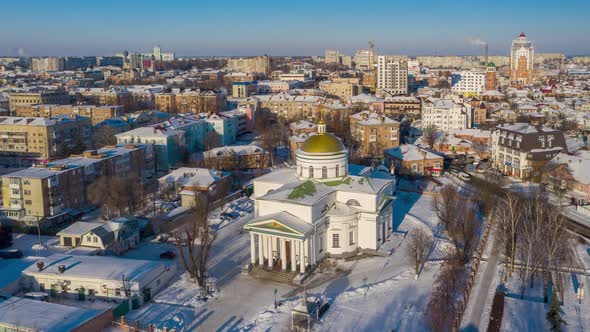 Beautiful winter view from above on the temple, church. Urban winter landscape. Timelapse, hyperlaps