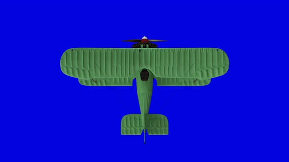 Animated propeller biplane airplane. Top view. Realistic physics animation. Blue screen footage alt