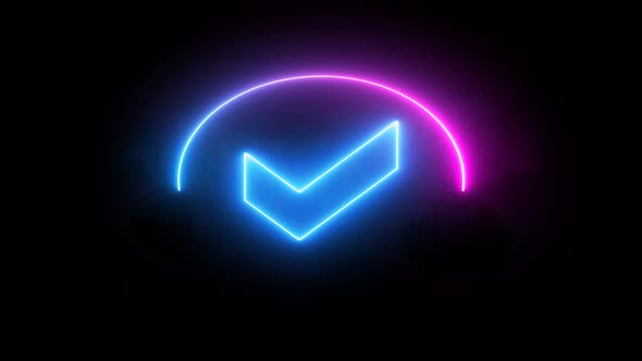 Futuristic pink and blue color neon light check mark motion background. A 242