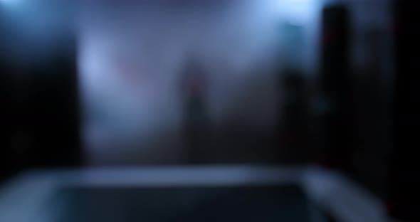 Male Boxer Walks Out of the Fog Into a Dark Gym and Stands on the Tatami alt