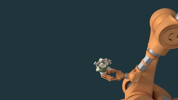 An orange robot holds a pot with a flower