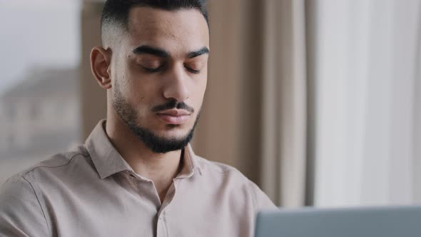 Closeup Serious Concentrated Male Portrait Arab Businessman Guy Hispanic Man Freelancer Sit at Home alt