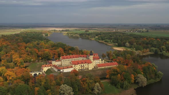 Top View of the Autumn Nesvizh Castle and Park