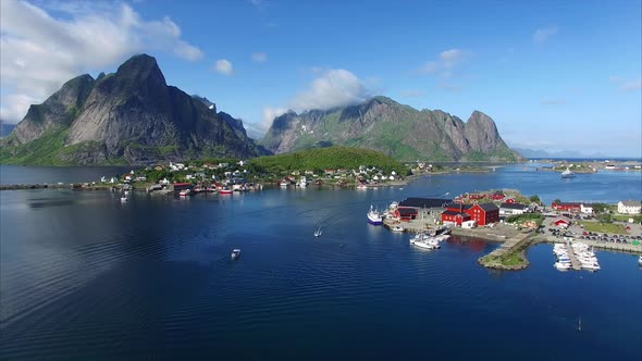 Aerial footage of beautiful town Reine in Norway