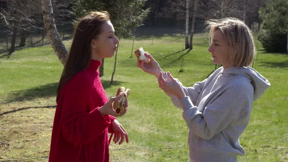 Two Young Attractive Girls at Picnic Taste Gourmet Burgers and Rolls Outdoors