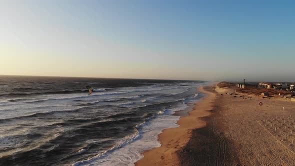 Flight on the Ocean Sandy Shore in the Early Morning Portugal Furadouro alt