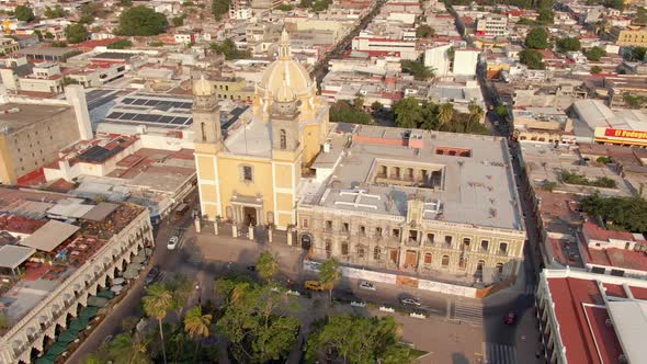 Aerial Panorama Of Catedral Basílica Menor de Colima At The City Center Of Colima In Mexico. Drone alt