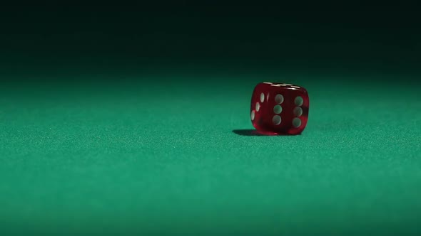 Closeup view of red casino dice rolling on green surface in slow-motion alt