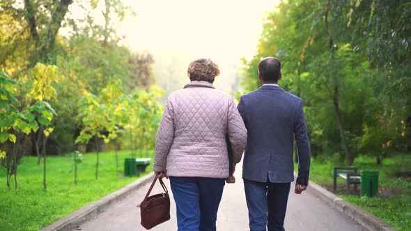 Rear View of Middle Aged Man and Woman Holding Hands and Speaking with Each Other While Walking alt