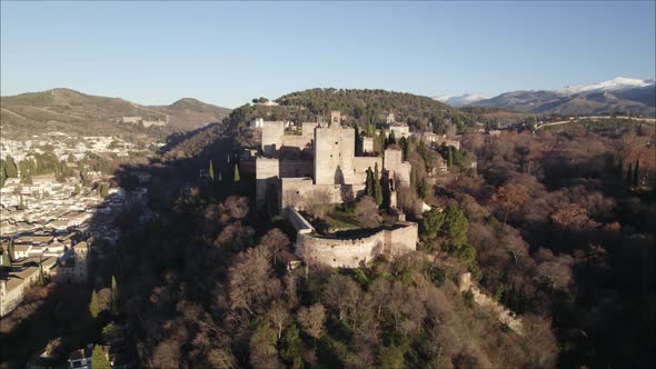 Aerial Parallax on famous Alhambra palace and fortress in Granada, Andalusia. Spain