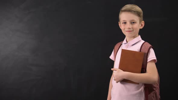 Diligent Schoolboy Holding Textbook, Standing Near Blackboard, Education System alt