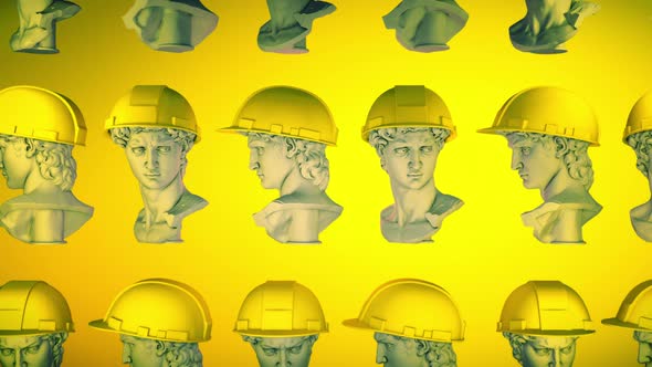 An antique statue of a worker in a helmet is flying in the yellow background alt