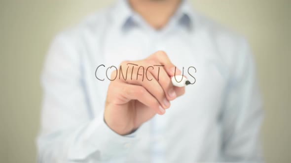 Contact Us, Businessman Writing on Transparent Screen alt