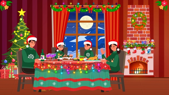 Family Celebrating Christmas Dinner at Home - Christmas Cartoon Animations