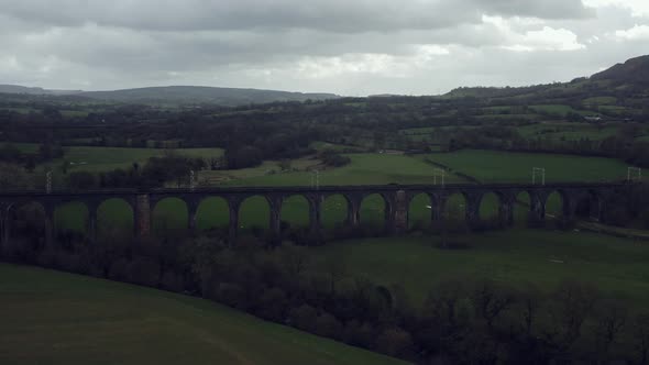 An aerial view of the a large Buxton railway bridge viaduct in the Derbyshire Peak District national alt