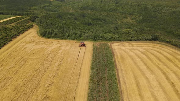 Drone Shot Over Combine Working on Wheat Fields During Harvesting alt