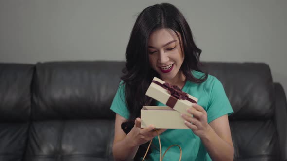 surprised woman opening gift from shopping bag in the living room