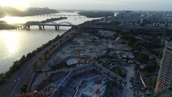 Aerial View of the Construction of a New Modern Residential Complex Near the River Kyiv Ukraine