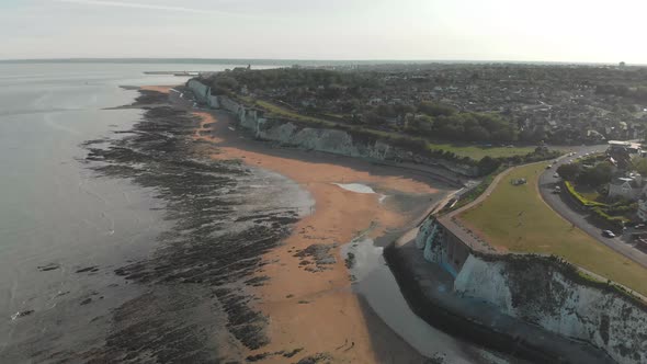 Drone aerial view of the beach and white cliffs, Margate, England, UK