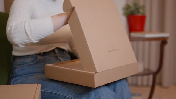Hands of Woman Entrepreneur Checking Ordered Parcel Packaging Boxes Before Delivery alt