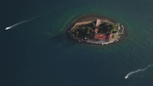 Aerial Footage of St. George and Monastery on the Islands Near Perast Town in Kotor Bay