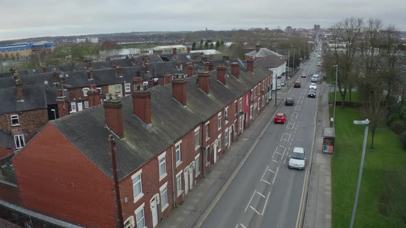 Aerial overhead views of Victoria road, Vicky road, a poor area leading to the city centre of Hanley alt