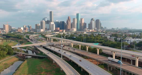 High angle establishing drone shot of downtown Houston. This video was filmed in 4k for best image q alt