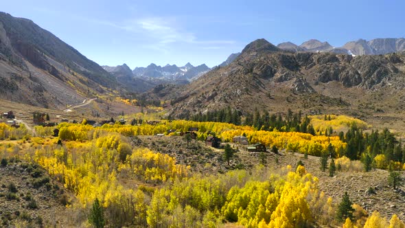 Fall. Mountain Valley Panoramic View. The Settlement at the Foot of Beautiful Mountain Ridges. alt