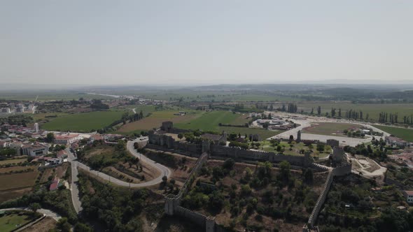 Castle of Montemor-o-Velho, medieval hilltop fortress, Portugal. Aerial view