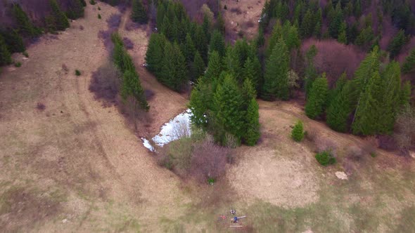 Aerial View Over Trees and Meadows in Spring Carpathian Nature
