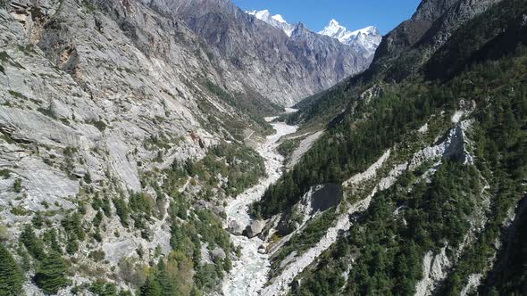 Gangotri village in the state of Uttarakhand in India seen from the sky alt