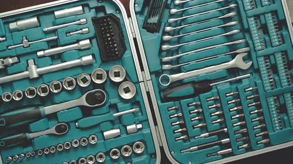 Professional Tools Set Packed in the Hard Case. Wrenches, Screwdriver Bits, Drive Sockets alt