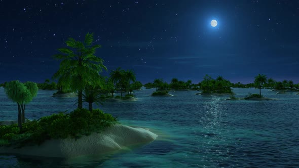Flying over Small Tropical Islands at Sea. Night