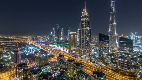 Dubai Downtown Skyline Night Timelapse with Tallest Building and Road Traffic UAE alt