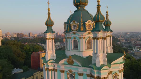 Drone is Circling Around a Beautiful Church with Colorful Domes in Kyiv Ukraine alt