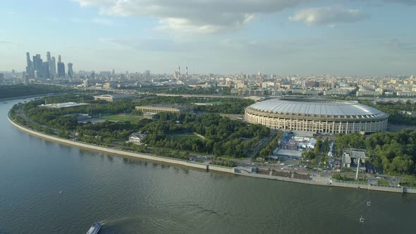 Aerial View of Moscow River Cityscape and Stadium