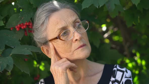 Closeup Portrait of Upset Senior Mature Woman in Eyeglasses Regreting About Something and Holding alt