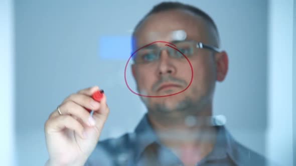 Businessman Write Algorithm Diagram On Transparent Screen alt