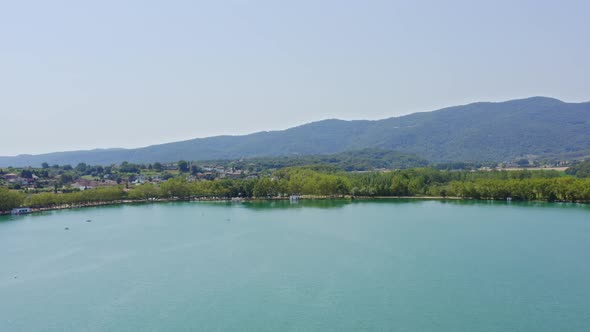 Birdseye view over the scenic Lake Banyoles a popular Catalonia resort destination in Spain alt