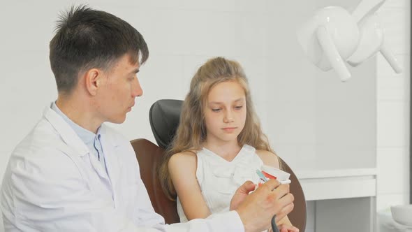 Beautiful Young Girl Learning Brushing Teeth with a Dentist Using Dental Model alt