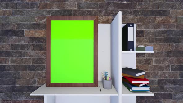 Empty photo frame with chroma key green screen, on book shelf with stationary - HD alt