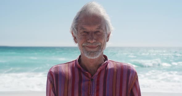 Senior man standing on the beach and looking at camera alt