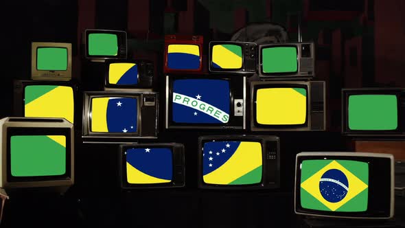 Flag of Brazil on Retro TVs. 4K Version.