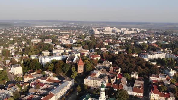 Aerial drone view of Drohobych town landscape. Downtown and town hall at main plan. Zoom out alt