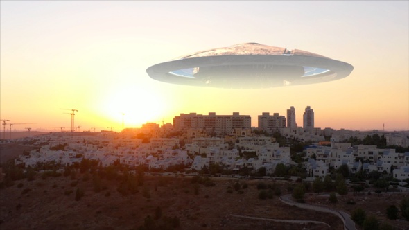 Large Ufo flying saucer over Jerusalem City- Aerial view alt