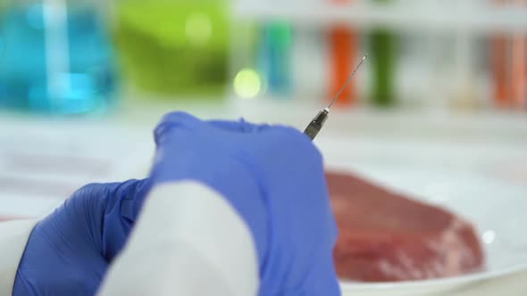 Lab Worker Making Injection of Pesticide to Piece of Meat, Preservatives, Gmo alt