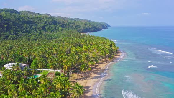 Aerial flyover tropical coastline with golden beach,blue Caribbean Sea, Hotel Resort and Palm Tree P alt