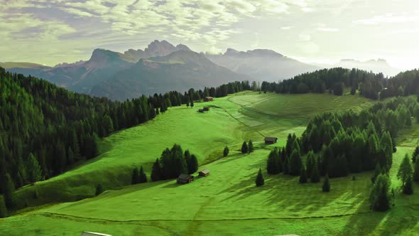 Alpe di Siusi at sunris in Dolomites, view from above alt