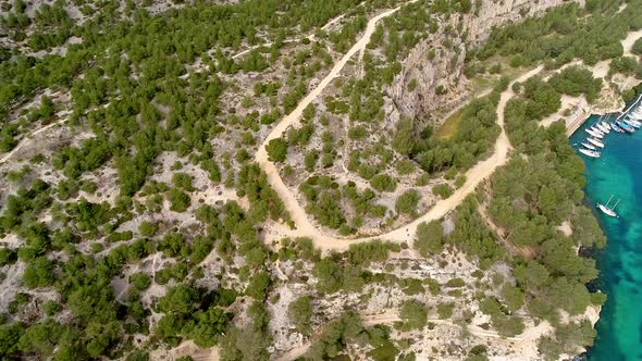 Drone footage of calanque in Cassis, south of France alt